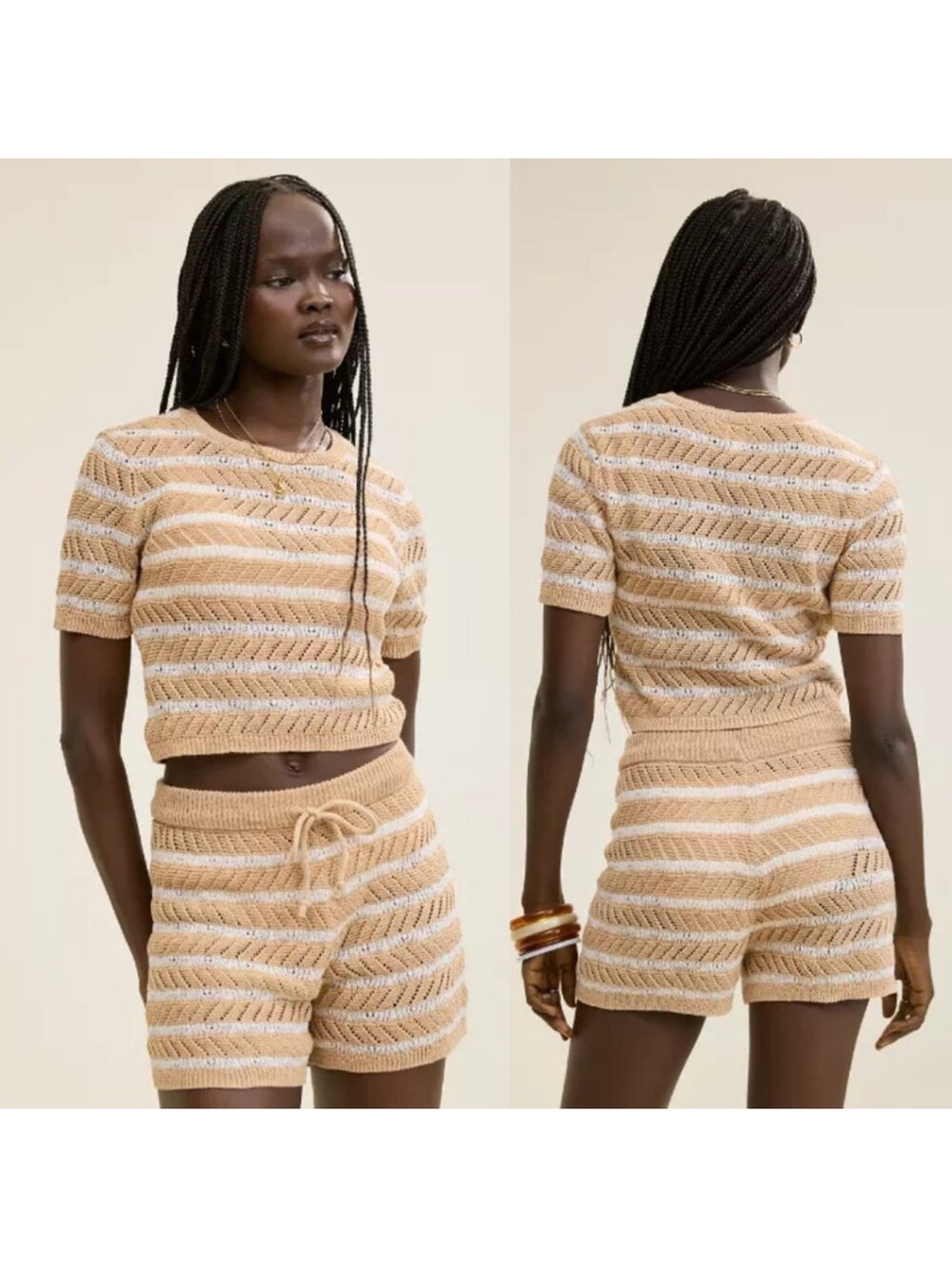 Aerie Beige & White Striped Knit Short Set